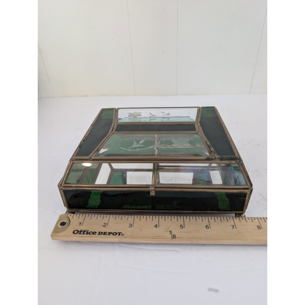 Jewelry Box Etched Floral Stained Glass Green Clear Vintage Glass Trinket FLAW - Picture 10 of 16